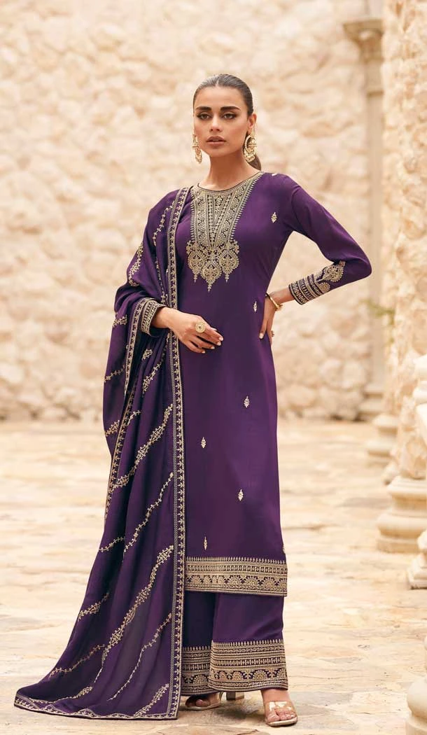 Purple Premium Silk Embroidery Work Traditional Function Wear Designer Palazzo Salwar Kameez - 7967179401