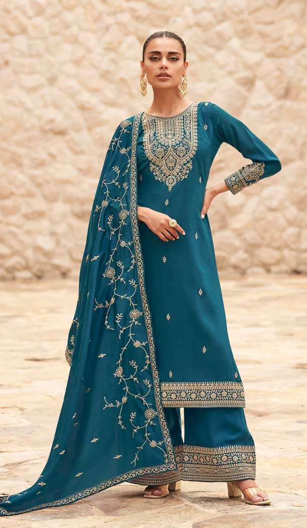 Teal Premium Silk Embroidery Work Traditional Function Wear Designer Palazzo Salwar Kameez - 7967179402