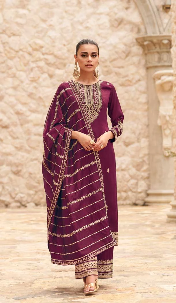 Wine Color Premium Silk Embroidery Work Traditional Function Wear Designer Palazzo Salwar Kameez - 7967179403