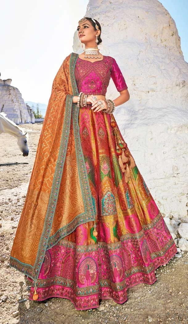 Traditional Wedding Wear Jacquard Work Banarasi Silk Lehenga Choli In Multi - 7970179423