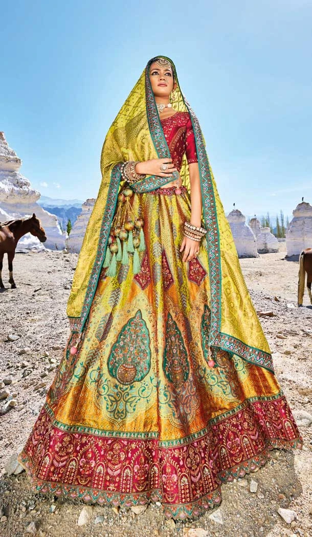 Traditional Wedding Wear Yellow Jacquard Work Banarasi Silk Lehenga Choli - 7970179425