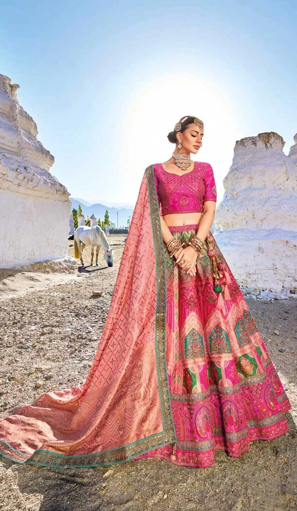 Pink Traditional Wedding Wear Jacquard Work Banarasi Silk Lehenga Choli - 7970179426