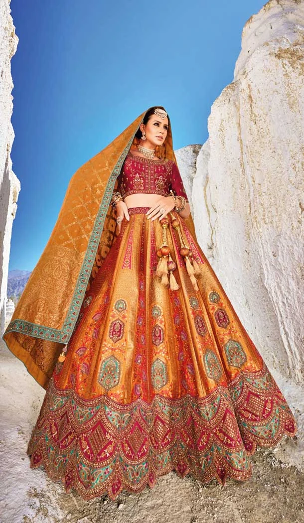 Traditional Wedding Wear Orange Jacquard Work Banarasi Silk Lehenga Choli - 7970179427