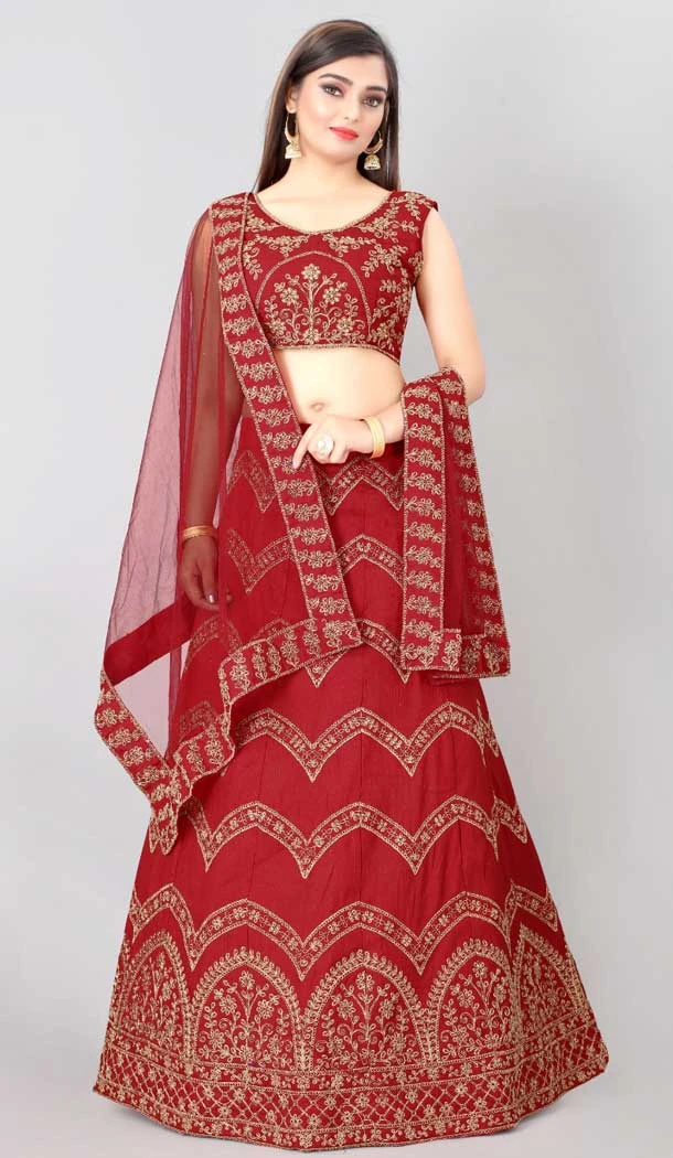 Silk Blend Red Zari Work Party Wear Designer Lehenga Choli - 7974179446
