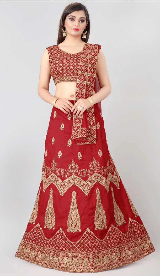 Red Silk Blend Zari Work Party Wear Designer Lehenga Choli - 7974179447
