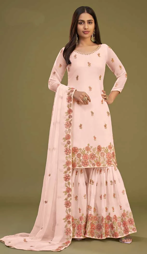 Festival Wear Georgette Embroidery Work Designer Sharara Suit In Peach - 7983179531