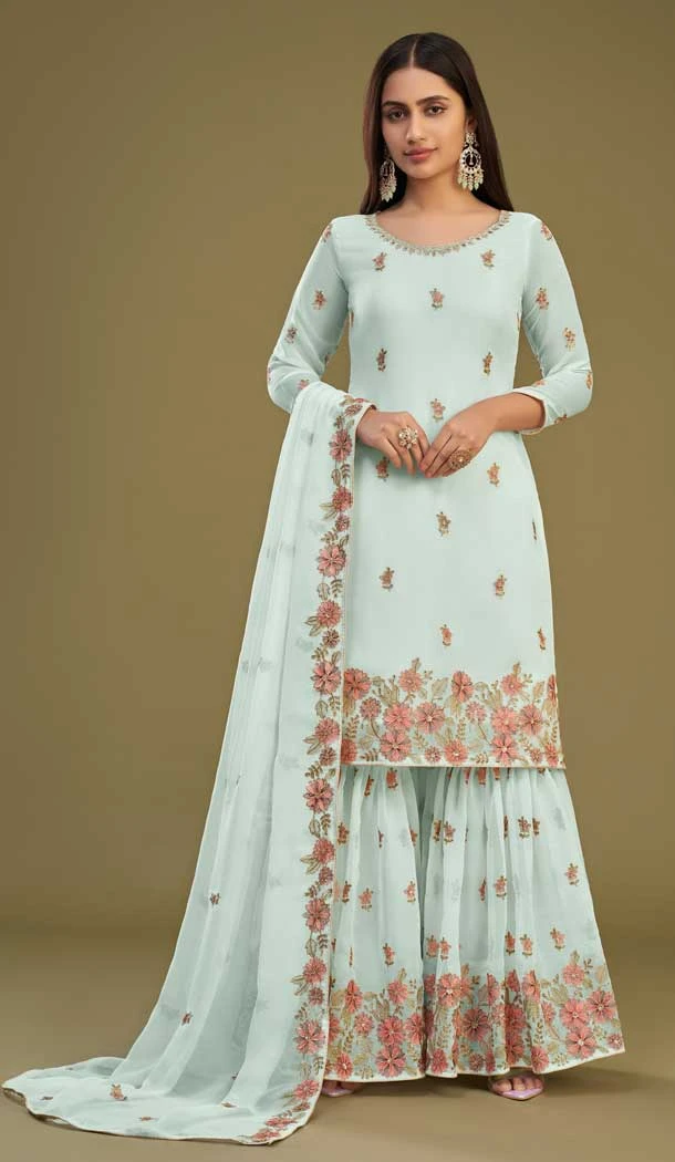 Festival Wear Georgette Embroidery Work Designer Sharara Suit In Sky Blue - 7983179532