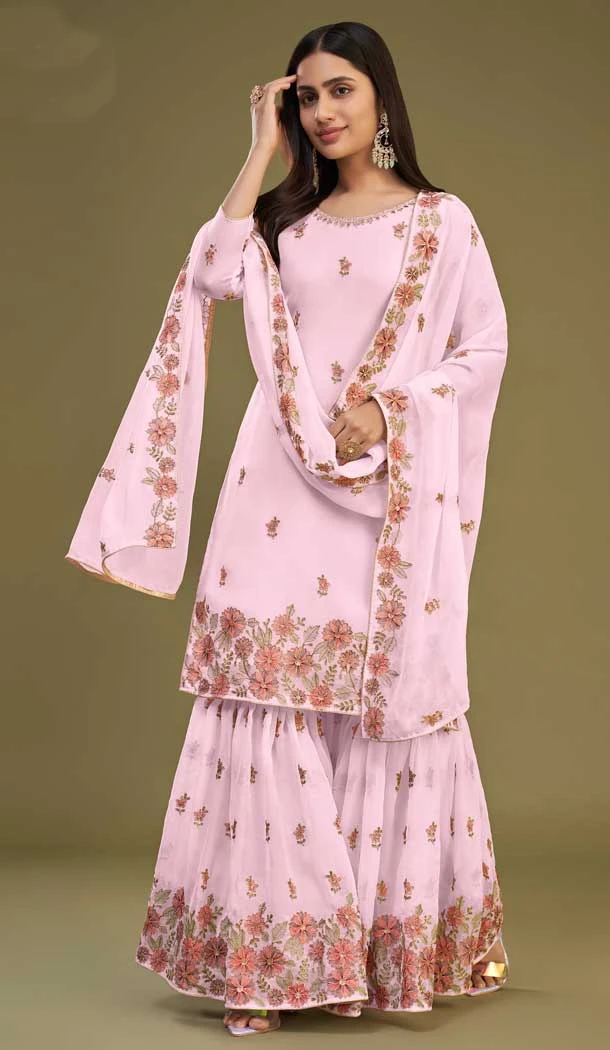 Festival Wear Georgette Embroidery Work Designer Sharara Suit In Pink - 7983179533