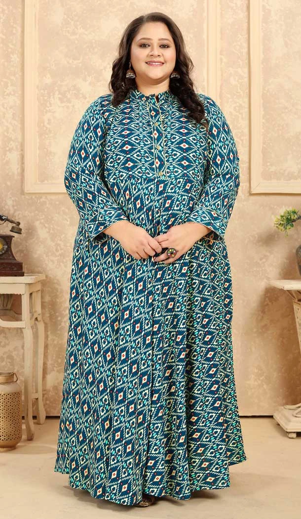 Green Print Work Festival Wear Designer Readymade Rayon Gown - 7984179534