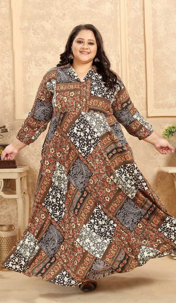 Multi Print Work Festival Wear Designer Readymade Rayon Gown - 7984179535