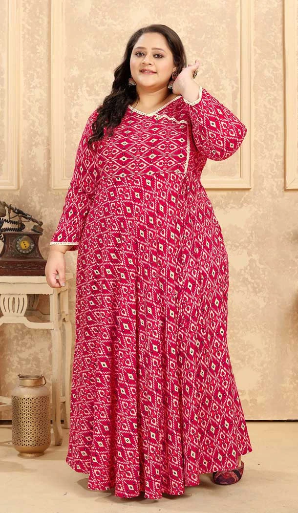 Pink Print Work Festival Wear Designer Readymade Rayon Gown - 7984179536