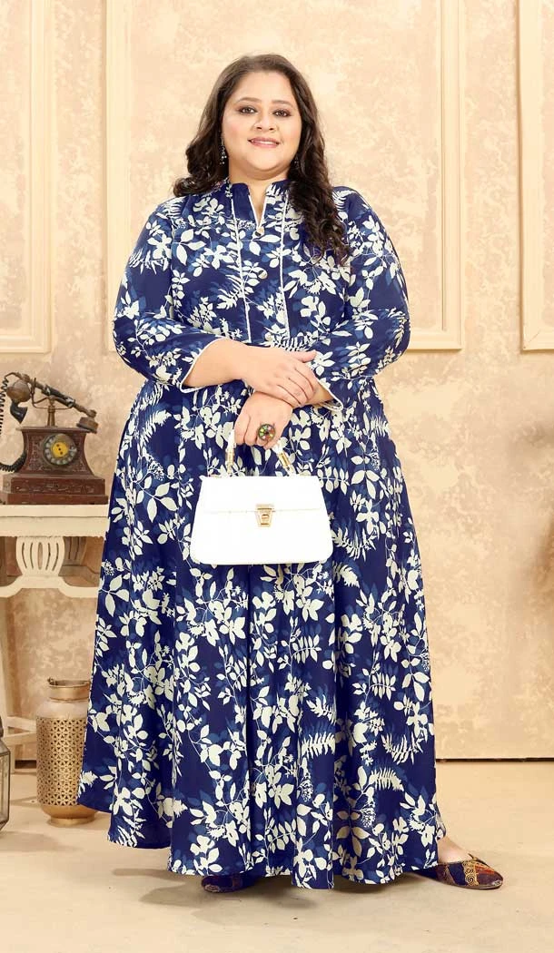 Blue Print Work Festival Wear Designer Readymade Rayon Gown - 7984179537