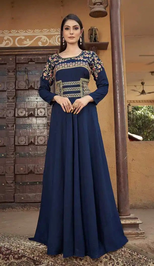 Party Wear Heavy Maslin With Embroidery Work Readymade Gown In Navy Blue - 7988179568