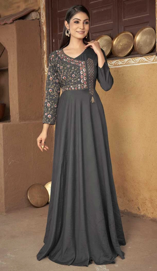 Party Wear Heavy Maslin With Embroidery Work Readymade Gown In Grey - 7988179570