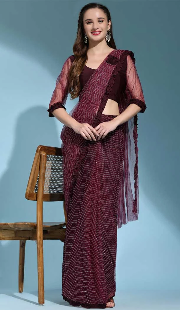 Net With Sequence Work Wine Color Casual Party Wear Readymade Saree - 7996179634