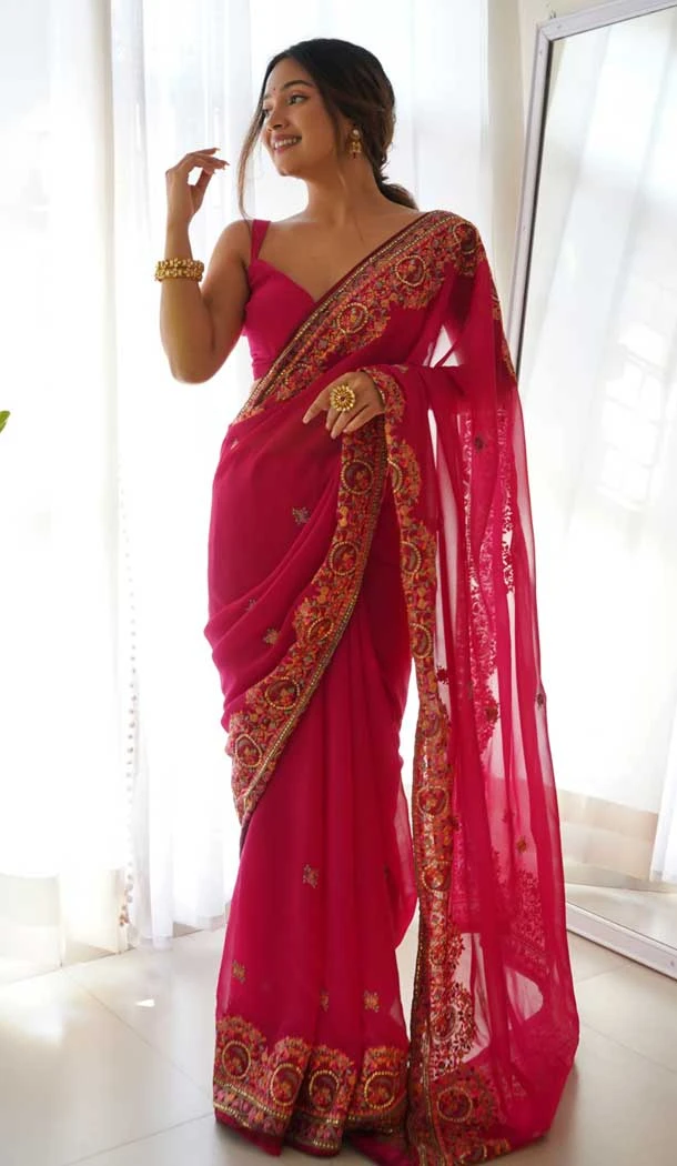 Traditional Rani Pink Georgette Thread Embroidery Work Function Wear Saree - 8000179648