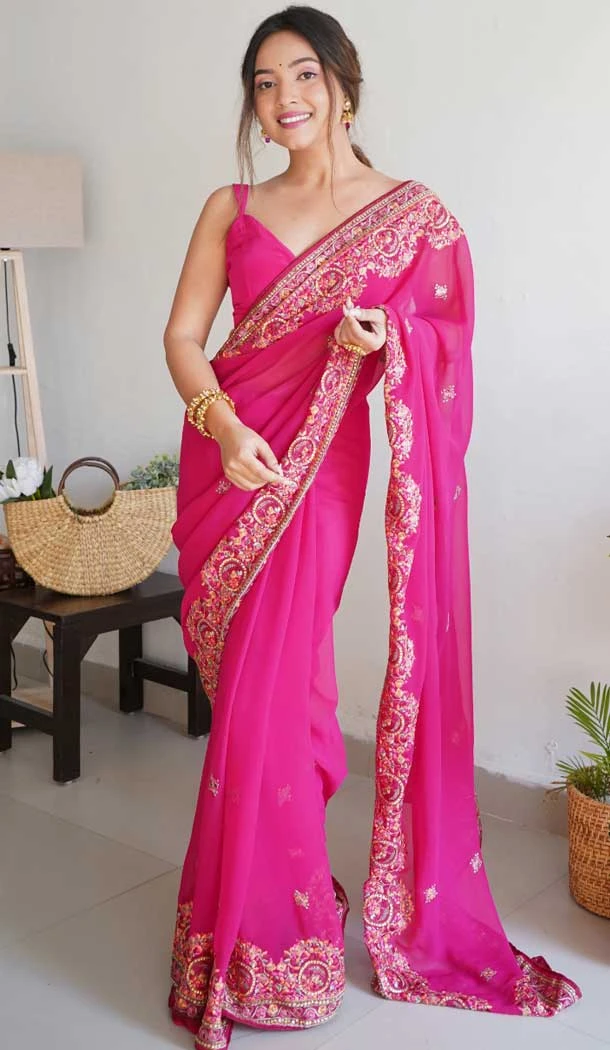 Traditional Pink Georgette Thread Embroidery Work Function Wear Saree - 8000179649