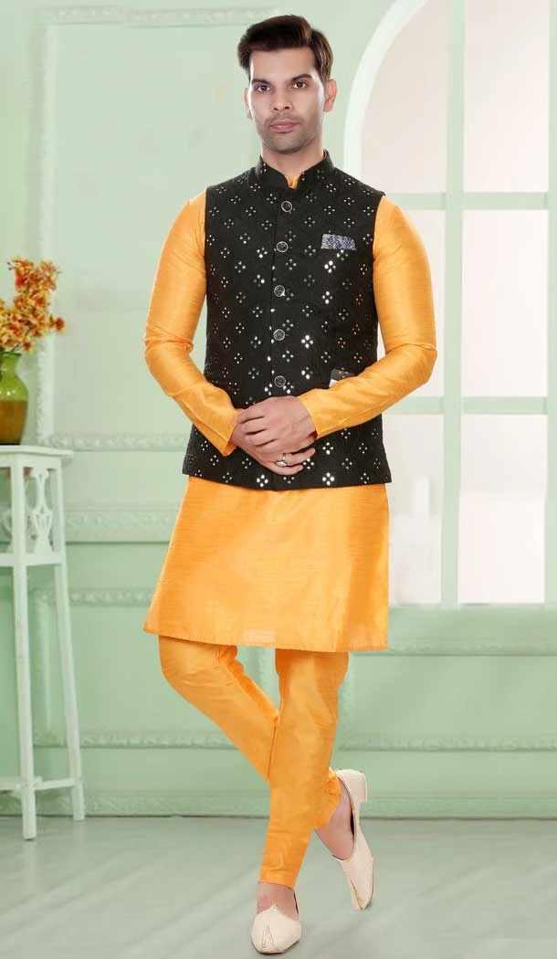 Yellow Art Silk Mirror And Resham Work Readymade Men's Wear Kurta Pajama With Jacket - 8004179694