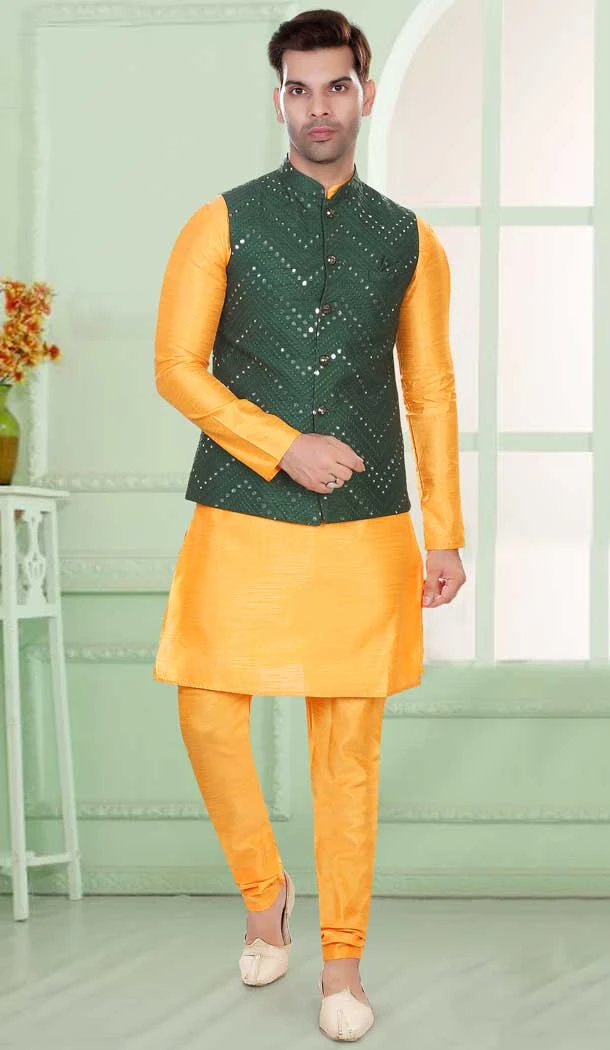 Art Silk Yellow Mirror And Resham Work Readymade Men's Wear Kurta Pajama With Jacket - 8004179696