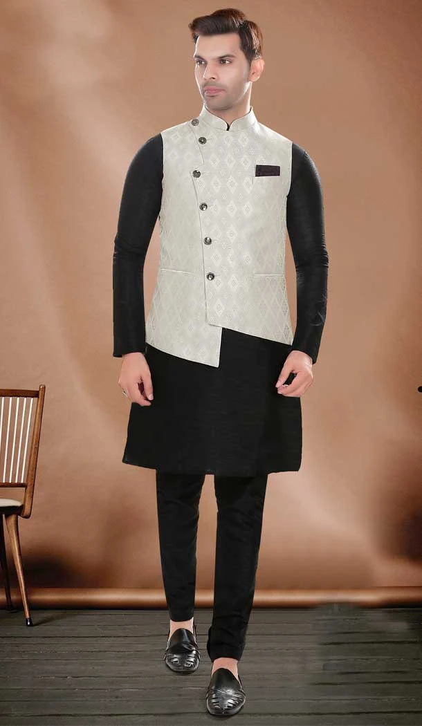 Art Silk Black Woven Work Readymade Men's Wear Kurta Pajama With Jacket - 8004179701