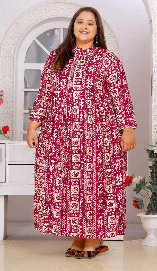 Designer Rayon Red Print Work Casual Wear Readymade Gown - 8005179706
