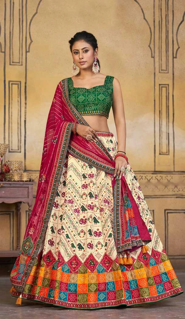 Sparkling Cream Viscose Silk Khatli Work Wedding Wear Lehenga Choli - 8007179712