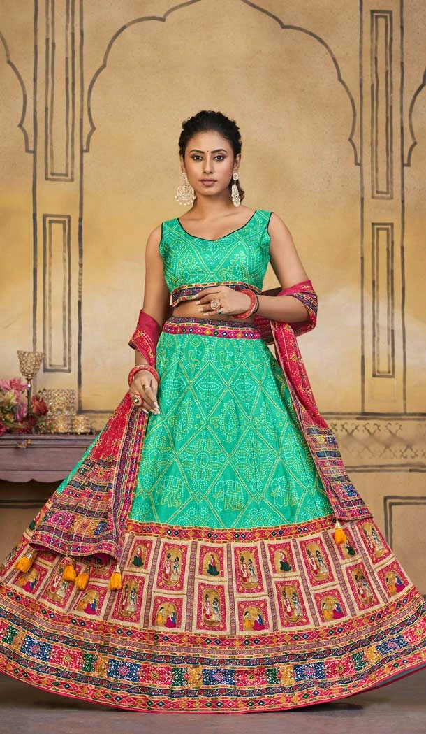 Attractive Rama Color Viscose Silk Khatli Work Wedding Wear Lehenga Choli - 8007179713