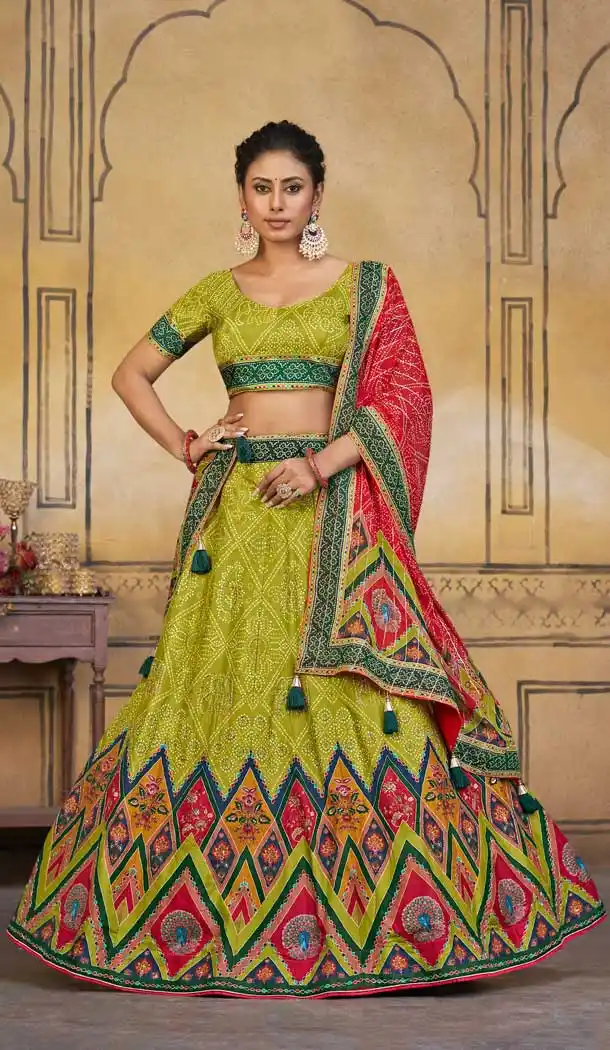 Alluring Parrot Green Viscose Silk Khatli Work Wedding Wear Lehenga Choli - 8007179715