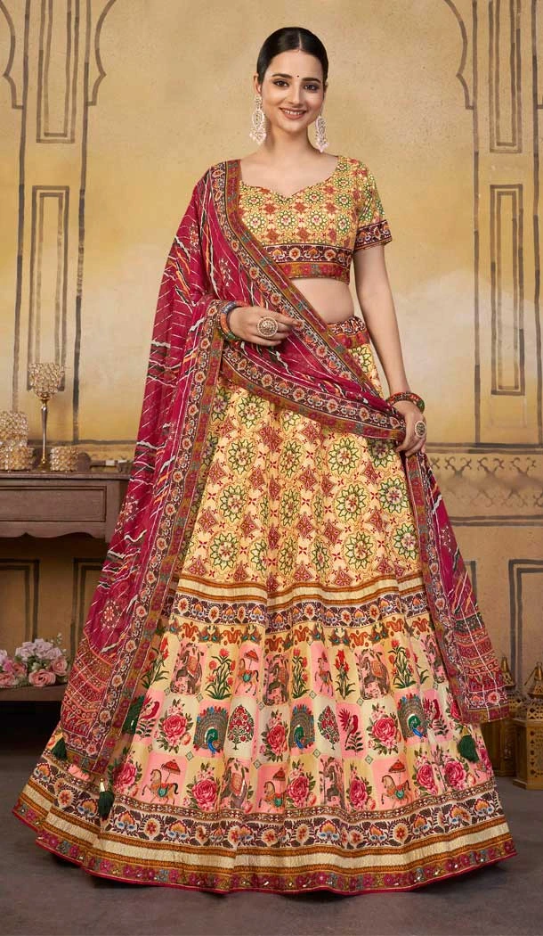 Chic Yellow Viscose Silk Khatli Work Wedding Wear Lehenga Choli - 8007179717