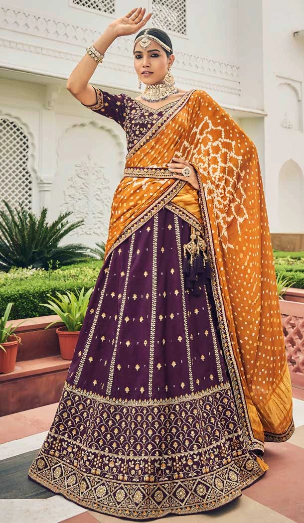 Captivating Purple Viscose Thread Embroidery Work Wedding Wear Lehenga Choli - 8008179720