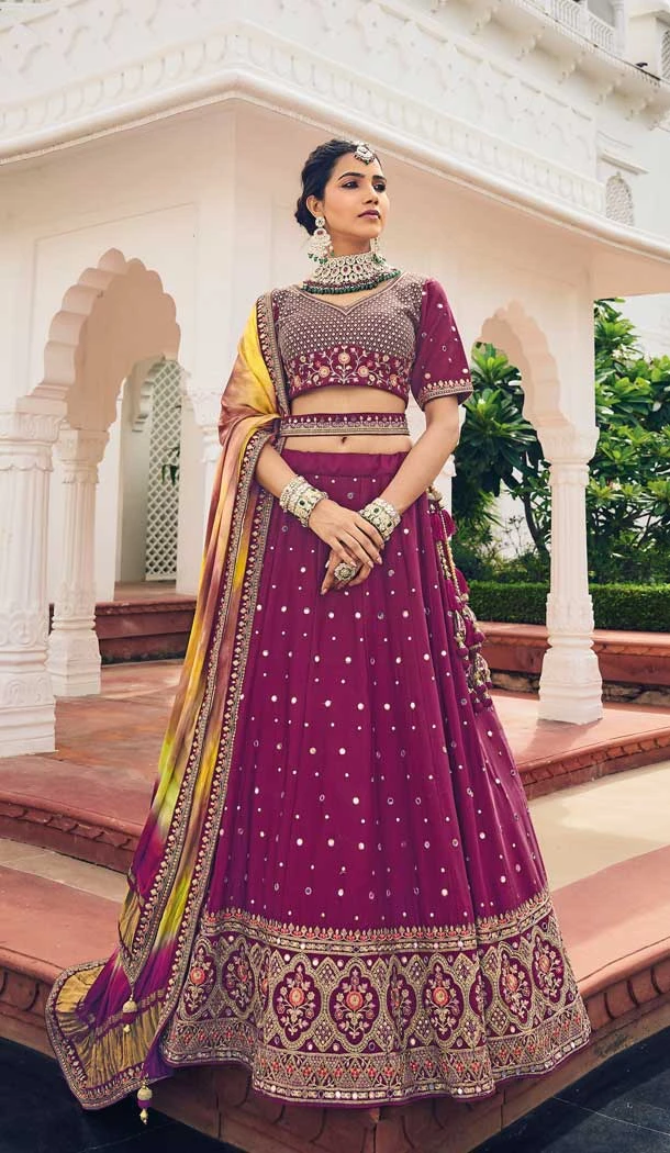 Beautiful Purple Thread Embroidery Work Viscose Wedding Wear Lehenga Choli - 8008179722
