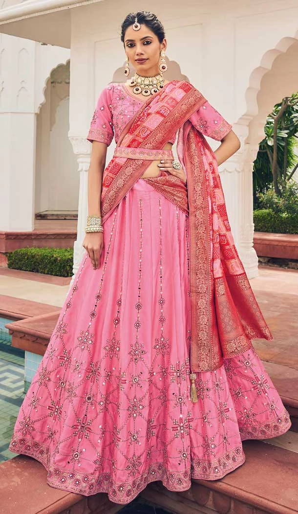 Stunning Pink Viscose Thread Embroidery Work Wedding Wear Lehenga Choli - 8008179723