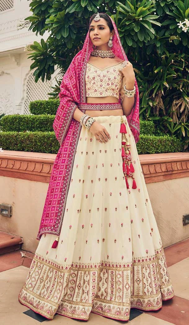 Ravishing Cream Viscose Thread Embroidery Work Wedding Wear Lehenga Choli - 8008179724