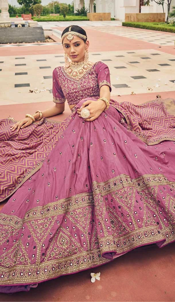 Classy Pink Thread Embroidery Work Viscose Wedding Wear Lehenga Choli - 8008179725