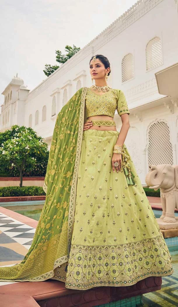 Ethnic Pista Color Viscose Thread Embroidery Work Wedding Wear Lehenga Choli - 8008179726