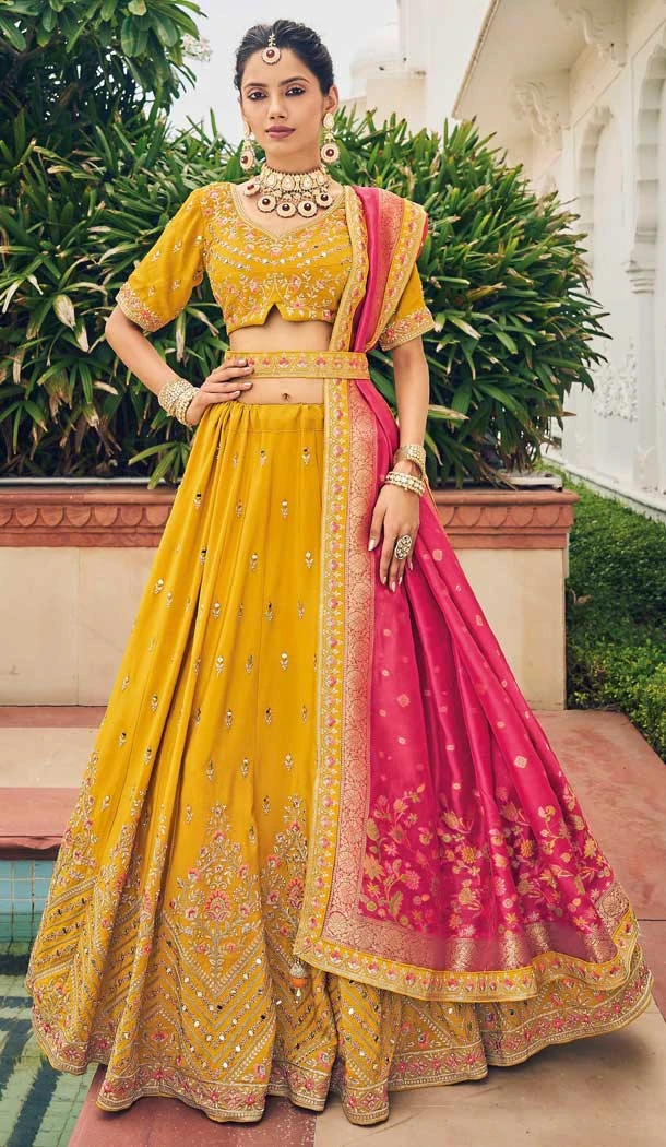 Elegant Yellow Viscose Thread Embroidery Work Wedding Wear Lehenga Choli - 8008179727