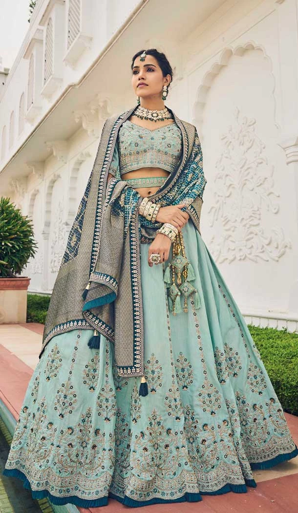 Sparkling Sky Blue Viscose Thread Embroidery Work Wedding Wear Lehenga Choli - 8008179728