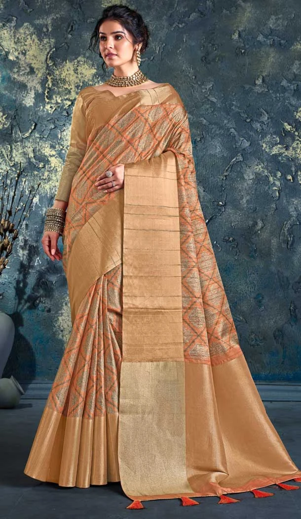 Chhapa Silk With Print Work Traditional Party Wear Saree In Chiku Color - 8009179729
