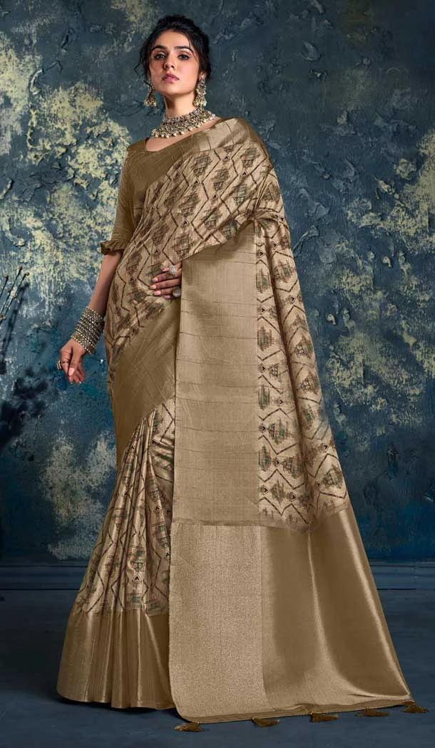 Chhapa Silk With Print Work Traditional Party Wear Saree In Brown Color - 8009179730