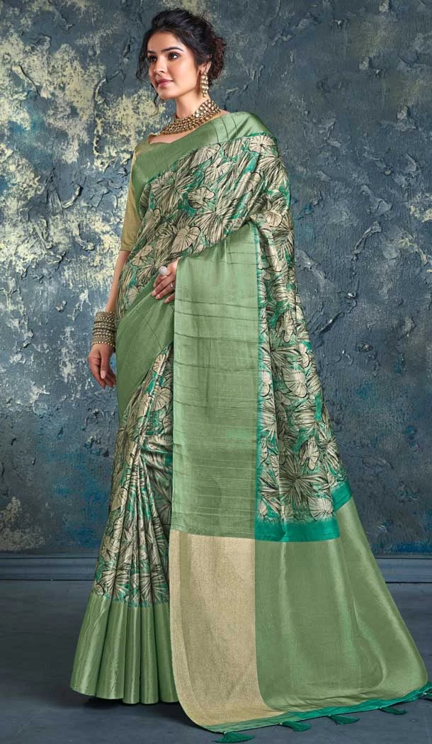 Chhapa Silk With Print Work Traditional Party Wear Saree In Green Color - 8009179732