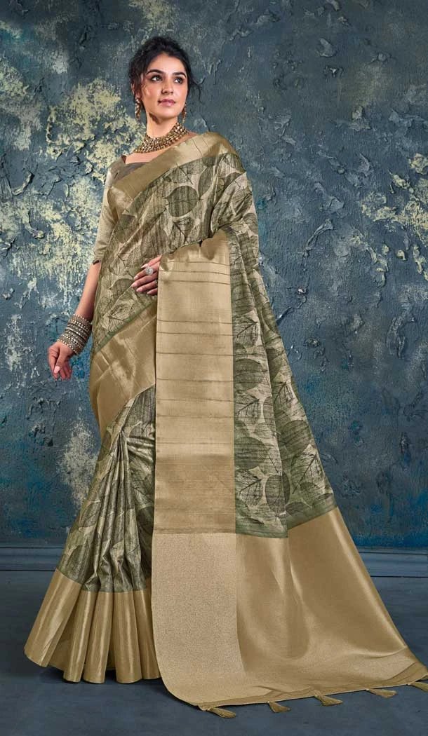 Chhapa Silk With Print Work Traditional Party Wear Saree In Mehendi Color - 8009179735