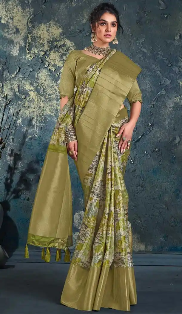 Green Color Chhapa Silk With Print Work Traditional Party Wear Saree - 8009179737