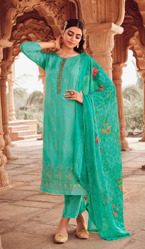 Hand Work Dola Jacquard Mint Color Party Wear Heavy Salwar Kameez - 8012179756