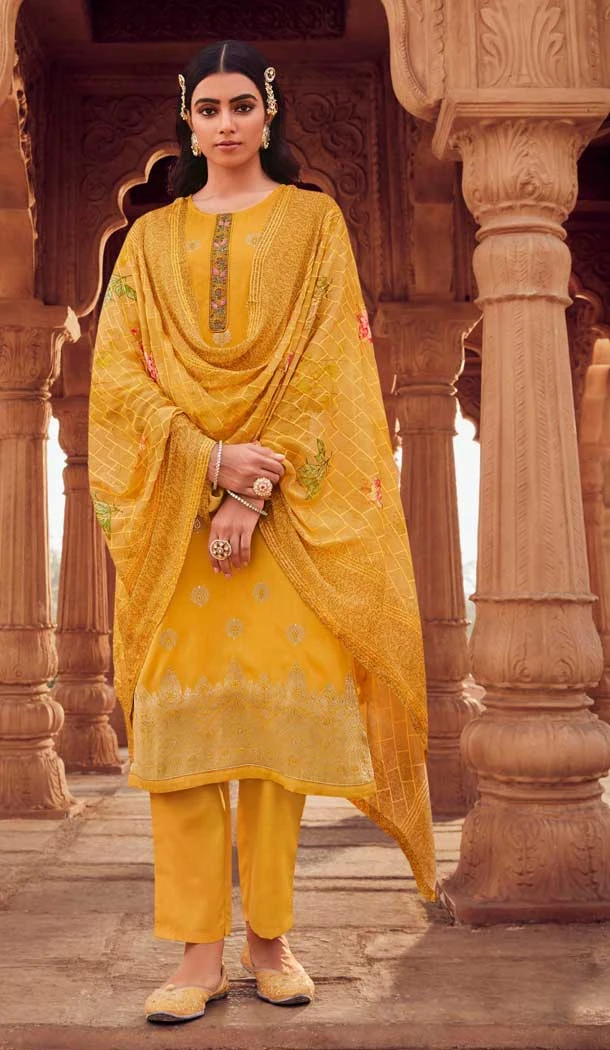 Hand Work Dola Jacquard Yellow Color Party Wear Heavy Salwar Kameez - 8012179757