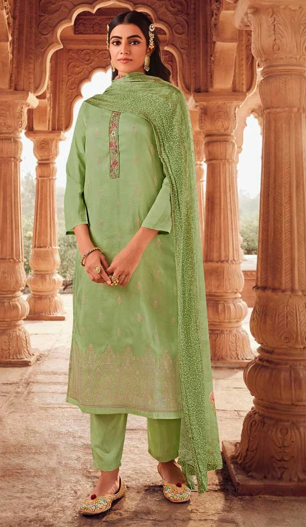 Hand Work Dola Jacquard Pista Color Party Wear Heavy Salwar Kameez - 8012179759