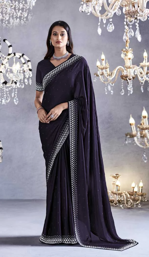 Wine Color Pure Satin With Embroidery Work Traditional Designer Wear Saree - 8025179805