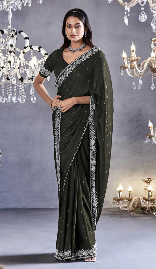 Mehendi Color Pure Satin With Embroidery Work Traditional Designer Wear Saree - 8025179807