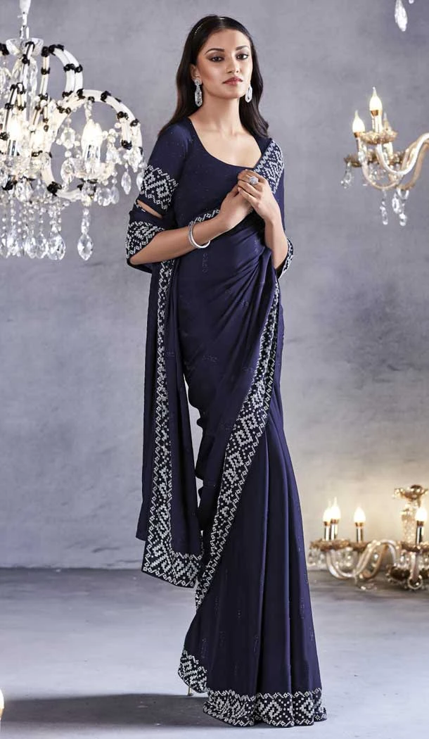 Navy Blue Pure Satin With Embroidery Work Traditional Designer Wear Saree - 8025179808