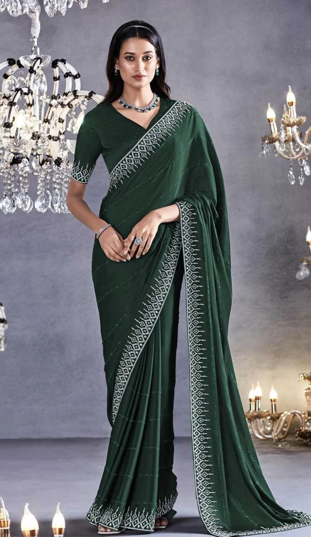 Green Pure Satin With Embroidery Work Traditional Designer Wear Saree - 8025179809