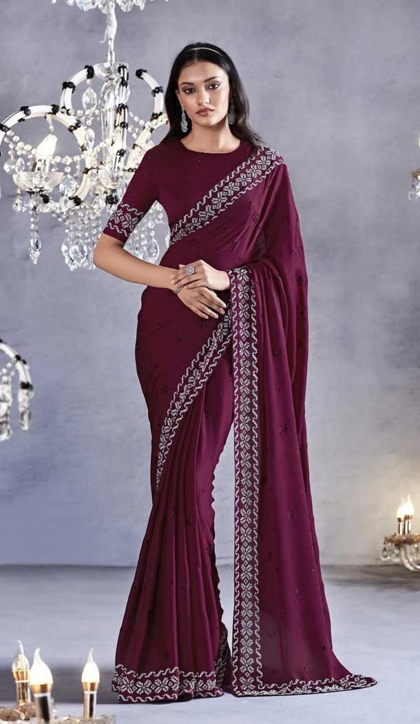 Burgundy Color Pure Satin With Embroidery Work Traditional Designer Wear Saree - 8025179810